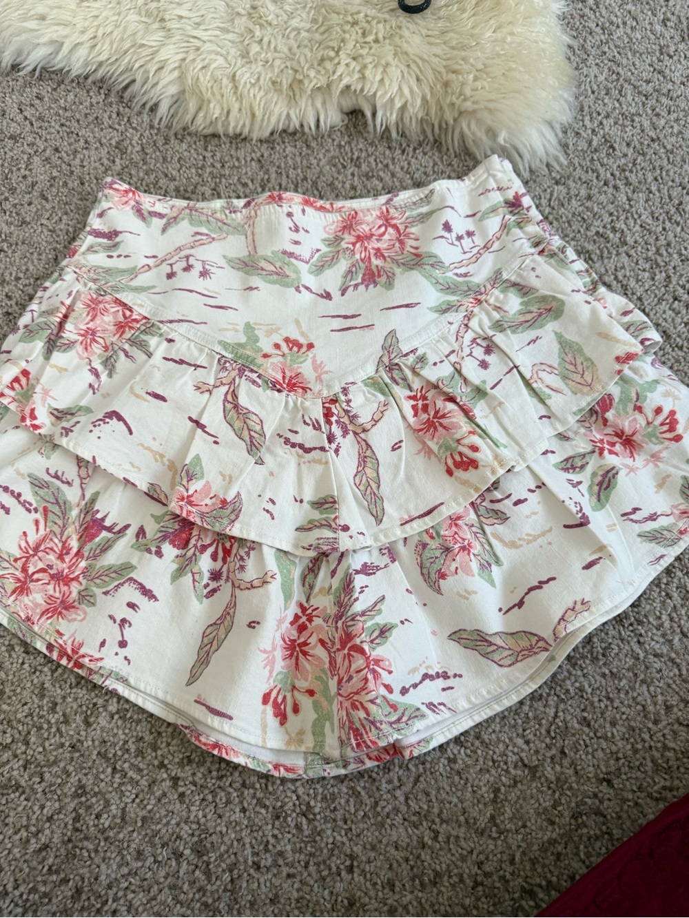 MOTHER Floral Ruffled Mini Skirt — White with Pink and Green Floral Print